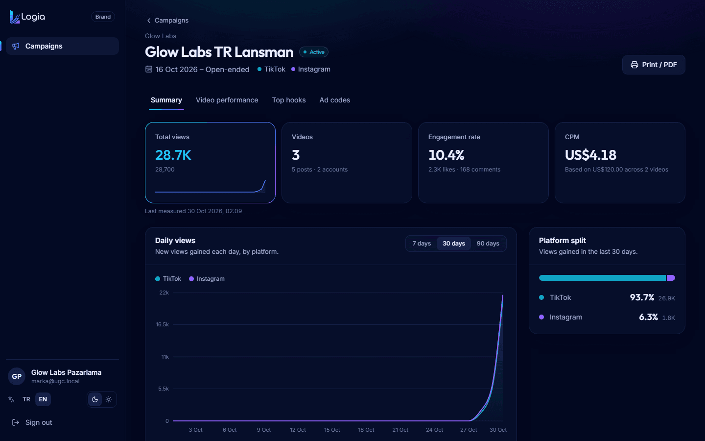 Campaign summary with total views, videos, engagement rate, CPM and a daily views chart